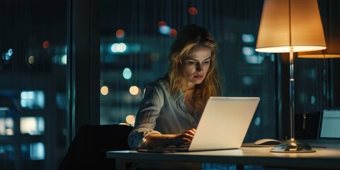 female office worker stayed late at work In the office working late Generative AI
