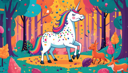 an illustration of a unicorn in the forest. april fools day greeting card background