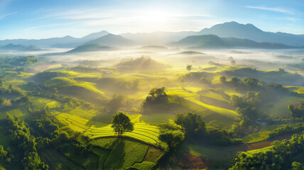 an anime-style High view of lush green mountains, enveloped in a gentle sea of mist at dawn,...