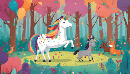 a cartoon unicorn and other animals in the forest. april fools day greeting card background