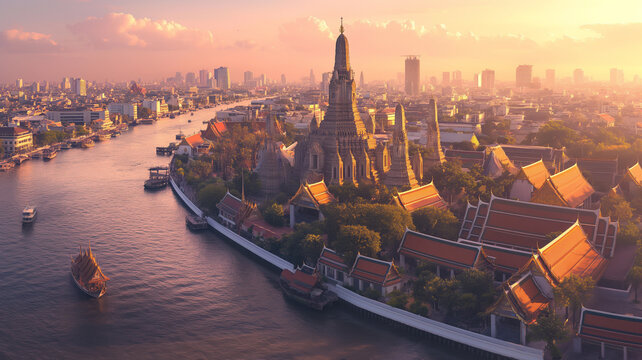  aerial view of Bangkok, with a focus on the glittering Wat Arun temple at the heart of the city. The intricate details of the temple architecture are highlighted in gold.
