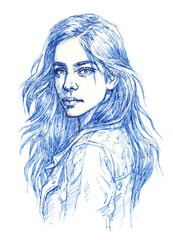 Fototapeta premium portrait of a woman pen drawing for illustration decoration card