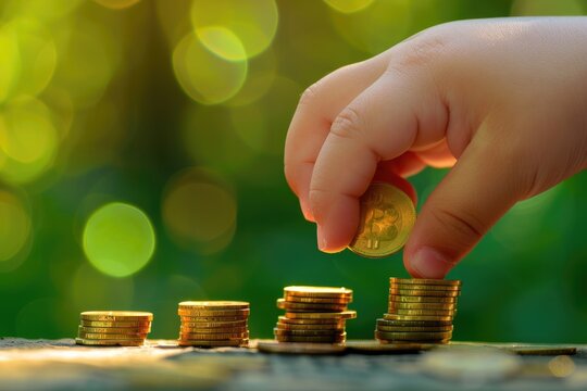 A child's finger is placing a gold coin on top. There were other piles of coins next to each other. It's like saving money for a business. has green bokeh