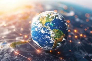 Globe map, planets, virtual reality sunset background - obrazy, fototapety, plakaty