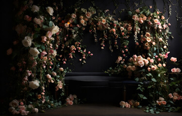 Black backdrop floral photography, generative ai