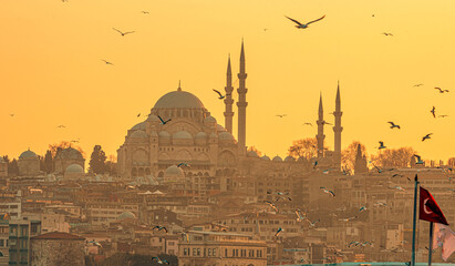Obraz premium Istanbul Turkey. Silhouette of Fatih Mosque.the month of Ramadan