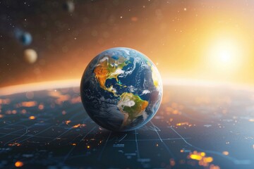 Globe map, planets, virtual reality sunset background