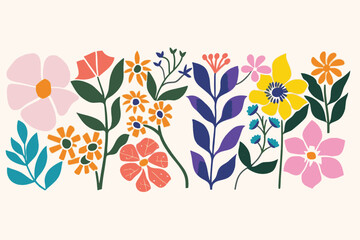 A set of fun flower and nature design elements. Flat hand drawn vector collection - obrazy, fototapety, plakaty