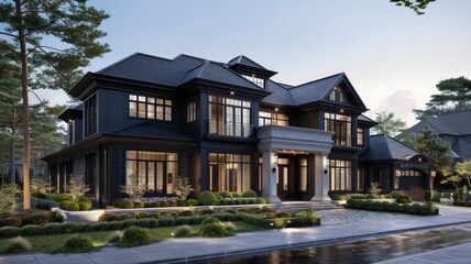 a two-story traditional house featuring a matte black exterior and charcoal grey roofing in a realistic photograph, enhance the home's majestic presence, a neatly landscaped front yard. - obrazy, fototapety, plakaty