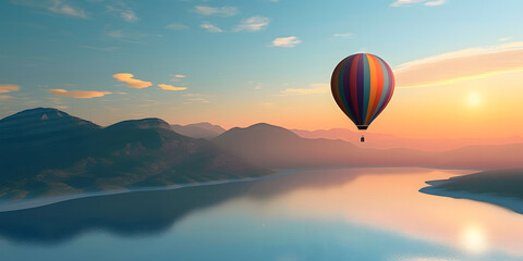 colorful hot air balloon floating gracefully above a tranquil lake, with majestic mountains and a soft-hued sky in the backdrop - Powered by Adobe