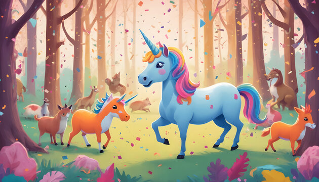 an illustration of a unicorn in the colorful forest. april fools day greeting card background
