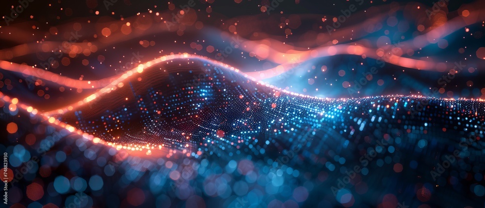 Leinwandbilder Abstract, futuristic illustration displaying data technology. Dark background with low poly shapes and lines. With a 3D rendering. Big data visualization.
