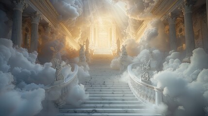 heaven in the clouds, a heavenly scene where soft, billowing clouds create a celestial backdrop, and a grand staircase made of white marble ascends majestically towards the heavens.