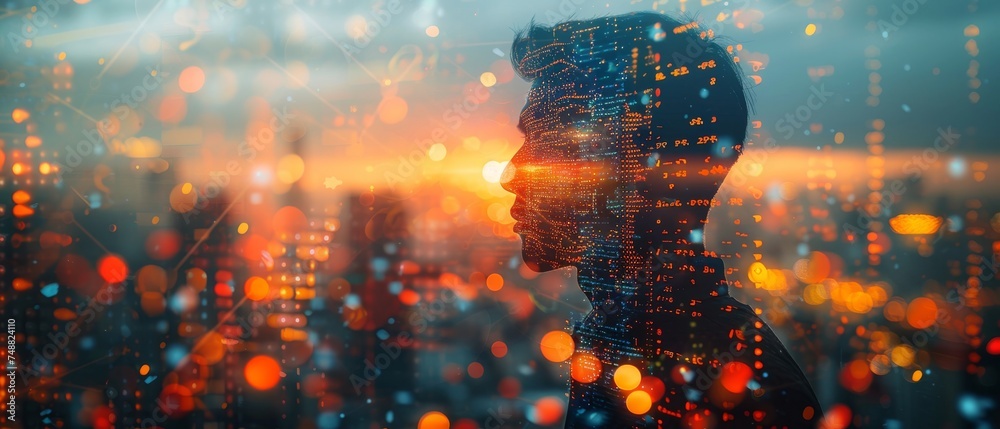 Poster In this double exposure, a man programmer works on digital tablets and smart cities while displaying binary and html code on the screen.