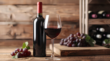 Close-up of a glass of red wine with a bottle of wine placed on a wooden board background