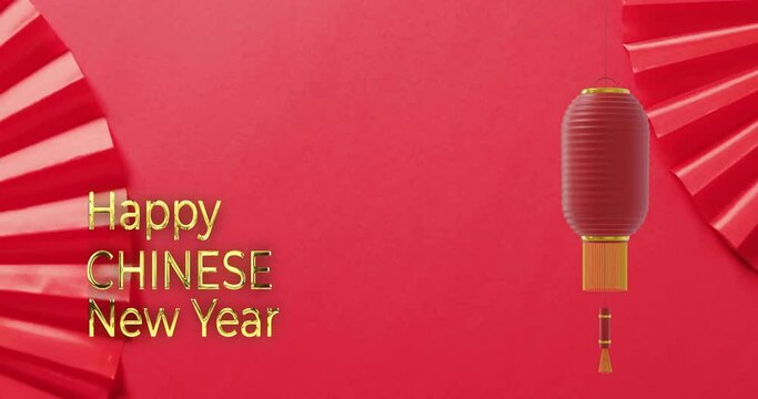 Animation of happy chinese new year ext over lanterns and chinese pattern on red background