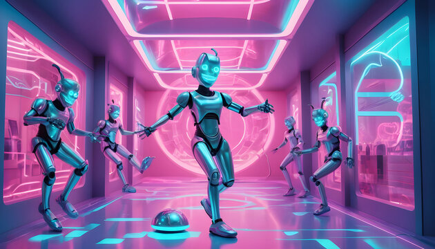 a group of robots dancing in a neon hallway