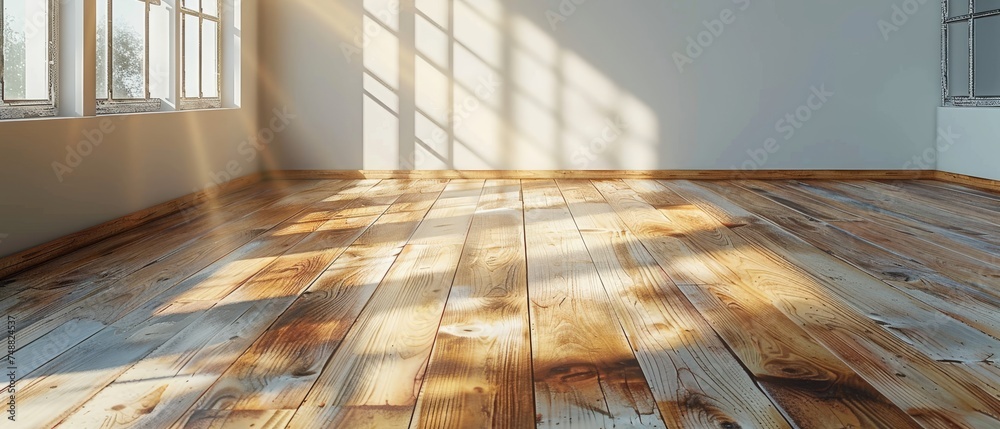Aufkleber A mock-up of an empty room with a wood laminate floor and sun light cast a shadow upon the wall. A perspective of minimalist interior design in 3D.
