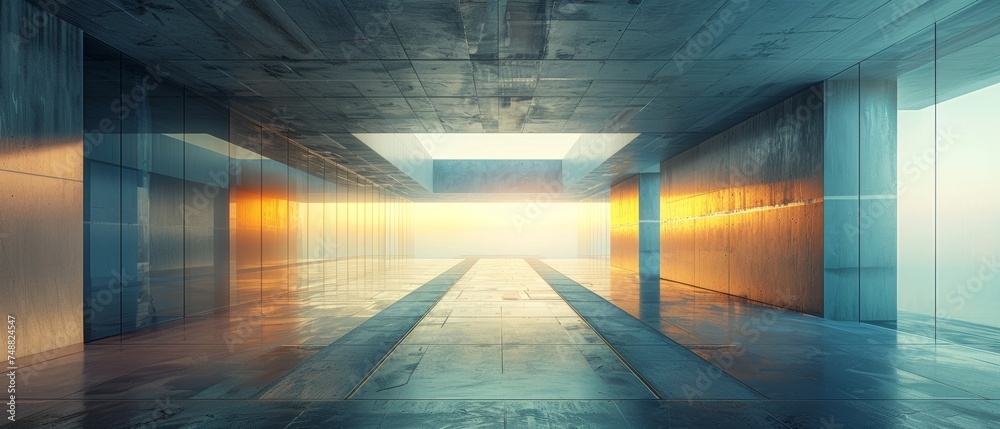 Poster A 3D rendering of a futuristic abstract glass building with an empty concrete floor....