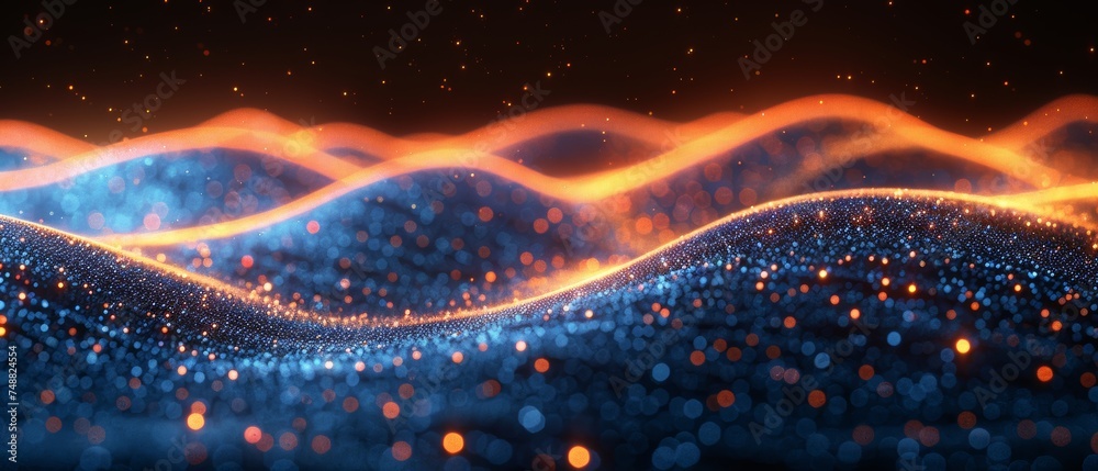 Aufkleber Design with abstract waves on a low-polygonal triangular background on dark blue abstract cyberspace for cyberspace, big data, metaverse, network security, data transfer.