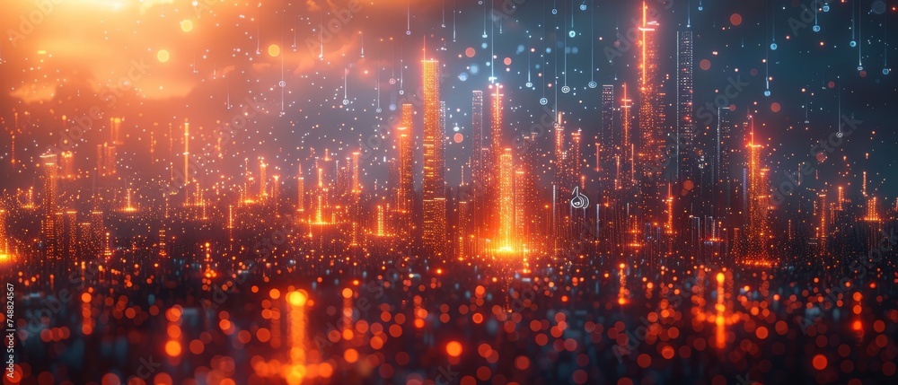 Poster The concept of smart city has an abstract dot point connected with a line design, relating to the big data integration technology. The blur effect is applied.