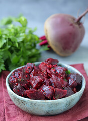 beet salad vinaigrette on wooden table