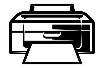 Printer icon with paper. Vector monochrome illustration