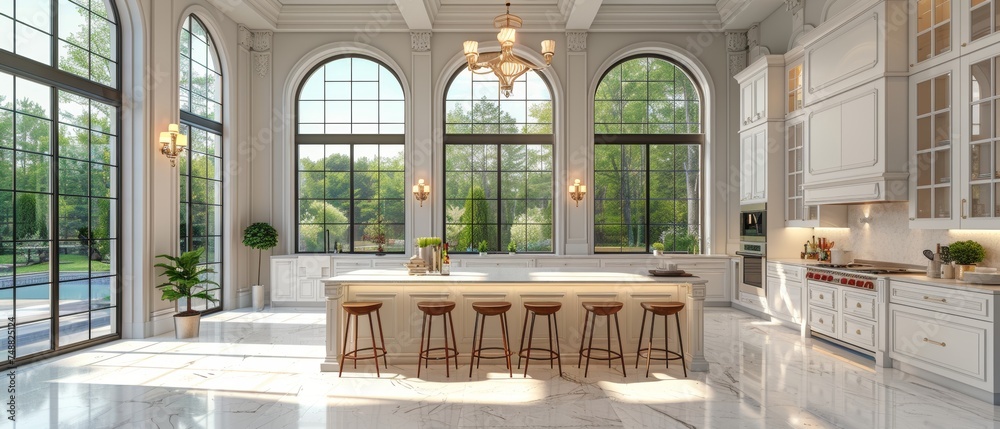 Poster the kitchen is large and white and features an island and all necessary appliances. this is a 3d ren