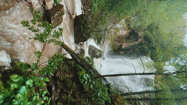 Lyazhginsky waterfall in the spring forest. Cascading waterfall drowning in greenery. Splashes of water. The water flows of the river Lyazhgi. Ingushetia, Caucasus Mountains, Russia, 4k