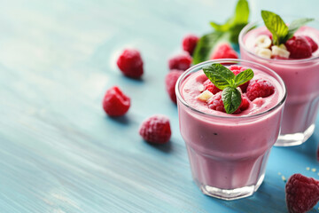 Vibrant raspberry smoothies garnished with fresh raspberries and mint leaves in glasses on a blue wooden background.