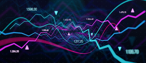 Abstract blue and purple charts, data and lines, business concept. Fincnial figures, investment, report, stock market and exchange, analyzing. 3D illustration