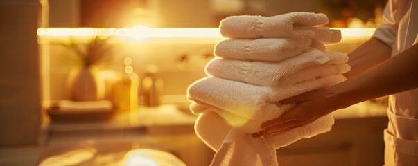 Detail shot of housekeeper arranging fresh towels in upscale hotel suite. Concept Hospitality, Luxury Accommodations, Housekeeping Services, Room Details, Hotel Suites - obrazy, fototapety, plakaty