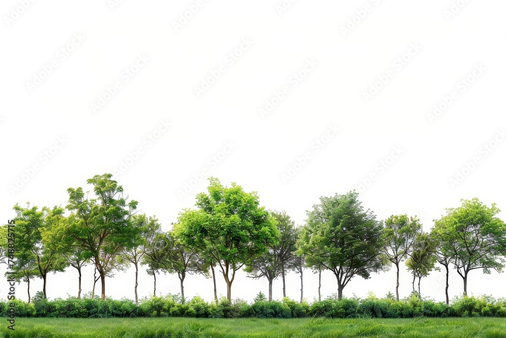 Poster Forest and foliage in summer. Row of trees and shrubs isolated on white background. Green trees and shrubs isolated on white background.