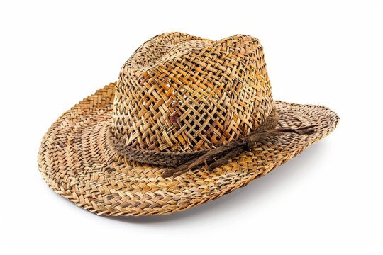An isolated white background shows a vintage straw hat style for men.
