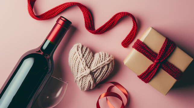 A bottle of wine lies next to a knitted heart and a gift box on a pink background. A red ribbon curls between them