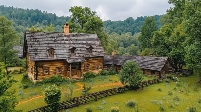 Summer view of wooden folk house located in forests museum Skanzen of Orava Village.