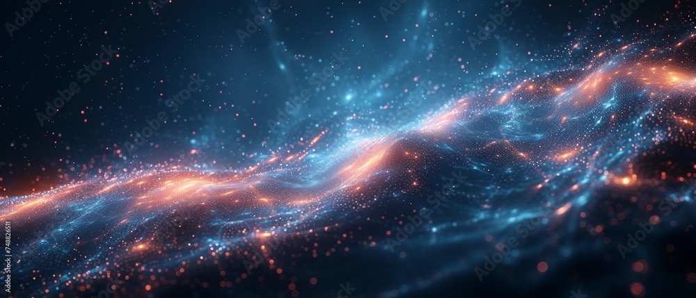 Poster this space wireframe concept depicts an astronavt shaped like a starry sky or space made up of point