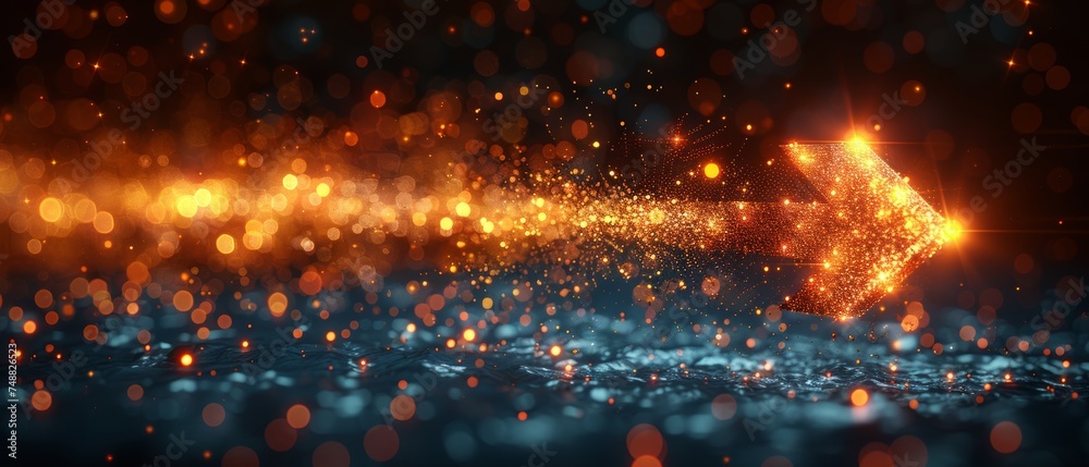 Poster illustration of an arrow up with a golden dust effect. glittering with gold particles on a dark back