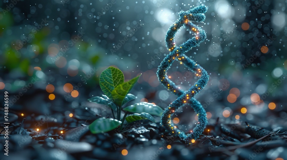 Aufkleber genetically modified sprout with blue3d dna molecule helix. low poly style. abstract wireframe light