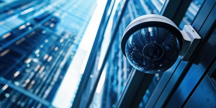 buttom view of security camera cctv with modern building security system 