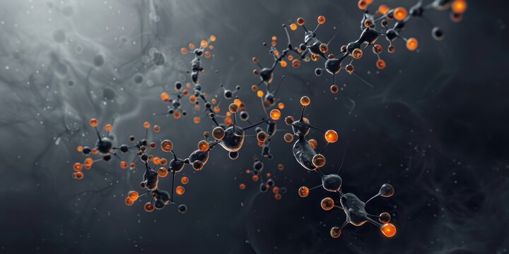 3D model of a molecule binding to an enzyme:2 orange highlights, dark grey background, powerpoint slide