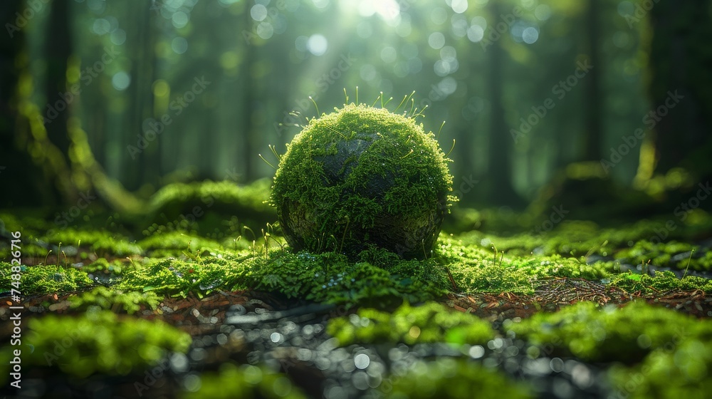 Poster the red globe with moss in a forest and abstract sunlight is the perfect symbol of earth day