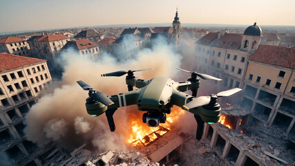 A military drone flies over a burning and destroyed city