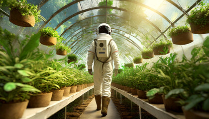 Farmer astronaut walking in a greenhouse full of small green plants, concept of colonization of a new planet for new life outside planet earth. Generative Ai.