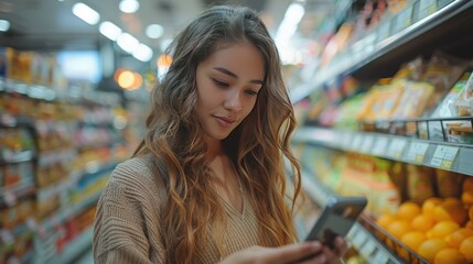 Fototapeta premium A young Latin American woman is shopping in a supermarket among the shelves with goods, a woman uses an application on her phone to compare prices.