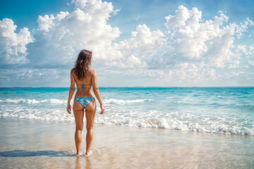 A woman in a bikini stands on the beach facing the ocean.