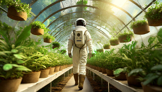 Farmer astronaut walking in a greenhouse full of small green plants, concept of colonization of a new planet for new life outside planet earth. Generative Ai. - Powered by Adobe