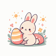 Cute Little Rabbit With Easter Eggs  Vector Illustration