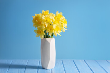 Daffodils Arrangement in Modern Vase. Bright yellow daffodils elegantly displayed in a white modern vase, set against a complementary blue backdrop for a minimalist aesthetic.