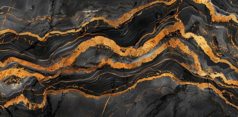 Detailed view of a black and gold marble with intricate veins and patterns, showcasing its unique color combination and glossy finish.